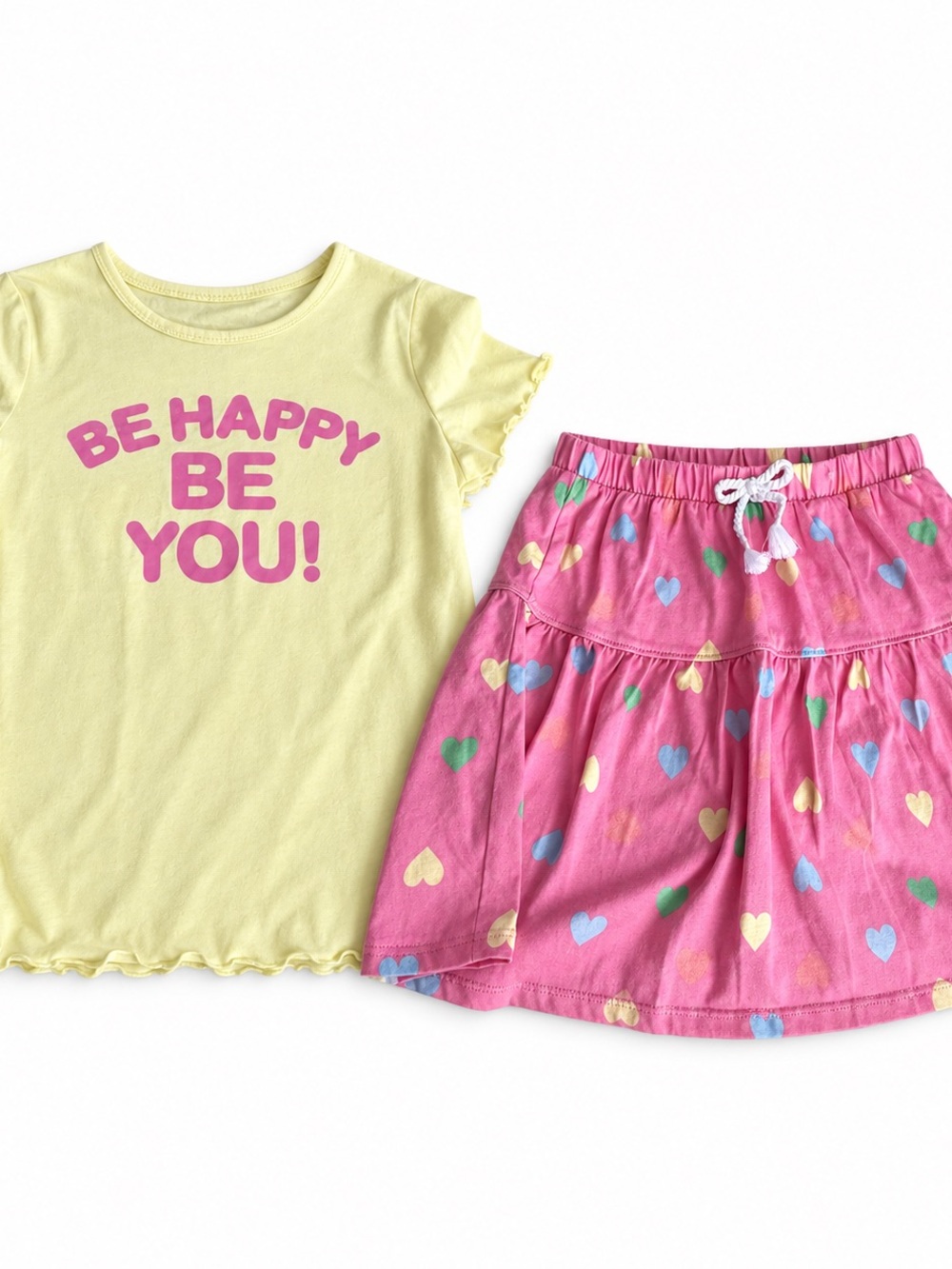 Girls Yellow 'Be Happy Be You!' Tee with Pink Heart Skirt *has shorts underneath